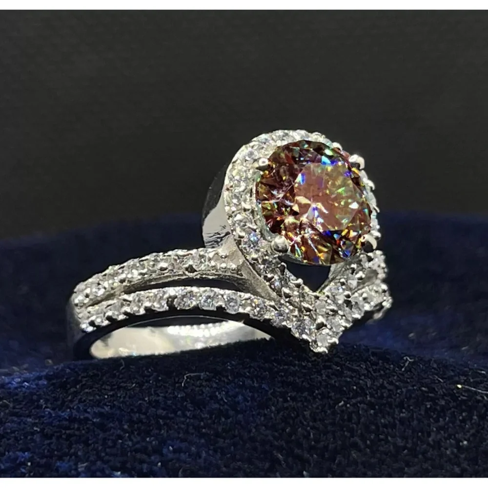 3.26 Ct Vvs =:  Brown White Moissanite Diamond Silver Engagement RING Size 7 - Picture 3 of 6